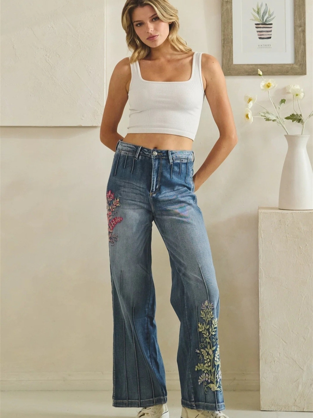 #1585 Oli & Hali Wildflower Drift Embroidered Wide Leg Jeans